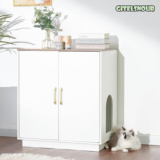 Litter Box Enclosure, 30.9'' High Large Litter Box Furniture, Modern Cat Litter Box Enclosurewith Hidden Storage, Side Table, End Table, White and Brown GCLB003WWB