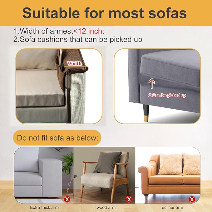 Upgraded Cat Scratch Furniture Protector,Cat Scratch Sofa Arm Sheild with 27.6’‘L*19.6’‘W Natural Sisal and Scratch Ball for Protecting Couch Sofa Chair Furniture (Brown/Left Handed)
