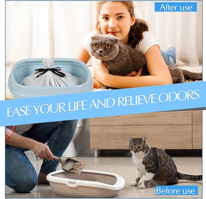 Jutom Sifting Litter Box Liners 28 Count, Drawstring Jumbo Sifting Cat Litter Bags with Holes, 31 x 18 Inch Portable Thick Scratch Resistant Drawstring Bags for Pet Cats