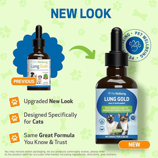 Pet Wellbeing Lung Gold for Cats - Lung Immune Support, Lower Respiratory Health, Open Airways, Normal Breathing, Reishi, Coptis - Veterinarian-Formulated Herbal Supplement - 2 oz (59 ml)