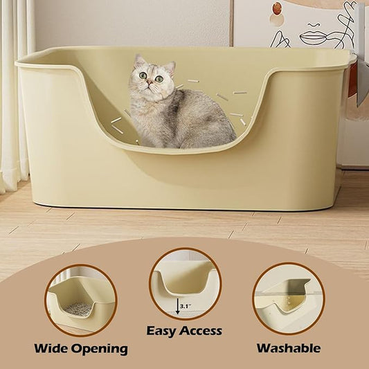 Small Cat Litter Box with High Sides,Cat Boxes for Indoor Cats,Cat Litter Pan for Kitty,Litter Box with Low Entry,Easy to Clean,Anti-Splashing (Beige)