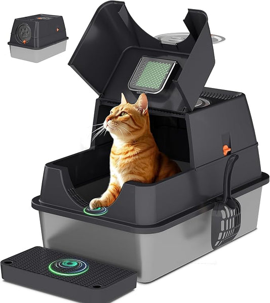 ITYLIFE CITYLIFE Stainless Steel Litter Box with Lid XL Large Enclosed Metal Box Anti-Leakagecat Litter Container Stainless Steel Includes Scoop, Odor Control Easy Cleaning, Dark Grey