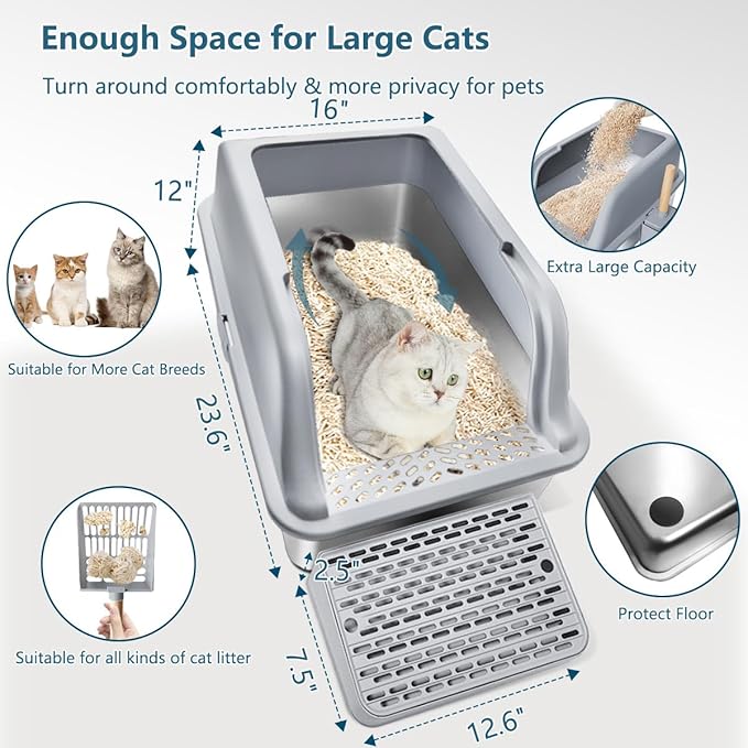 Large Stainless Steel Cat Litter Box,Kitty Litter Box with Lid,XL Jumbo Enclosed High Sided Cat Litter Pan Boxes for Indoor Cats,Scoop with Holder,Non-Sticky Never Absorbs Odors
