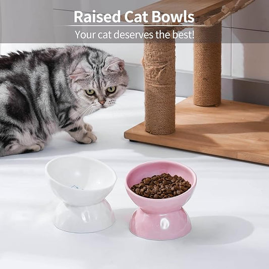 OMAYKEY Ceramic Raised Bowls, Tilted Elevated Food and Water Bowls, Porcelain Stress Free Feeder Bowl Set, Pet Bowl Dish for Cats and Small Dogs, White & Pink, Set of 2