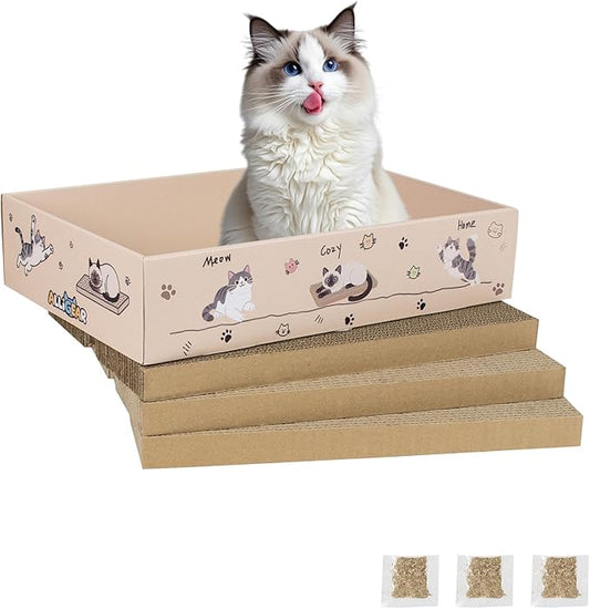 Cat Scratcher Pad with Box 3-Pack/5-Pack, Large & Medium Size – Reversible Corrugated Cardboard with Catnip: Durable Scratching Pads for Kittens & Adult Cats