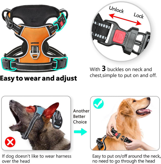 Timos Dog Harness Large Sized, No Pull with Neck Lockable Snap,No Choke Front Clip Dog Reflective Harness,Adjustable Metal Rings 3 Buckles,Easy Control Handle for Large Dogs Orange L