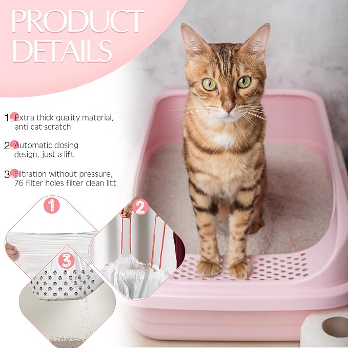 56 Count Sifting Cat Litter Bags Jumbo Thick Cat Litter Box Liners with Holes Disposable Extra Large Feline Pan Liners with Drawstring Scratch Resistant Quick Clean for Kitty Litter Box,36 x 18 Inch