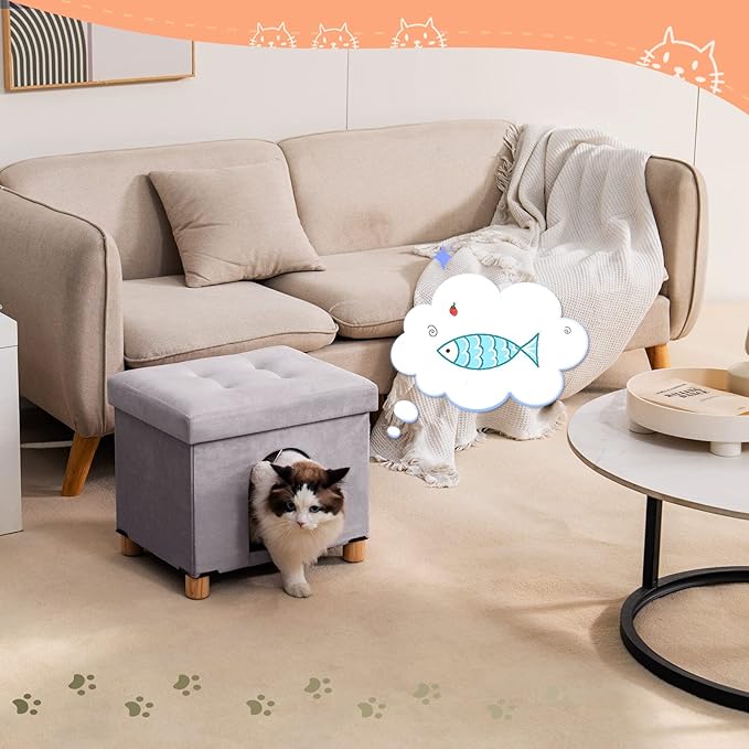 BRIAN & DANY Foldable Cat House for Indoor Cats, Large Cat Cube for Pet Cave with Scratch Board & Ball, 14.7" x 14.1” x 12.7”, Light Gray