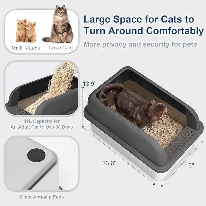 8" Deep Stainless Steel Litter Box with Lid Extra Large Cat Litter Box for Big Cats XL Metal Litter Pan Tray with High Wall Sides Enclosure, Non-Sticky, Anti-Leakage (Charcoal Gray)