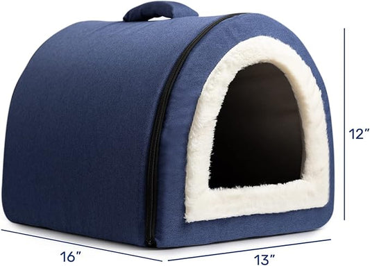 Hollypet Linen Cat Bed, Self-Warming 2 in 1 Foldable Cave House Animal Shape Nest Pet Sleeping Bed, Blue
