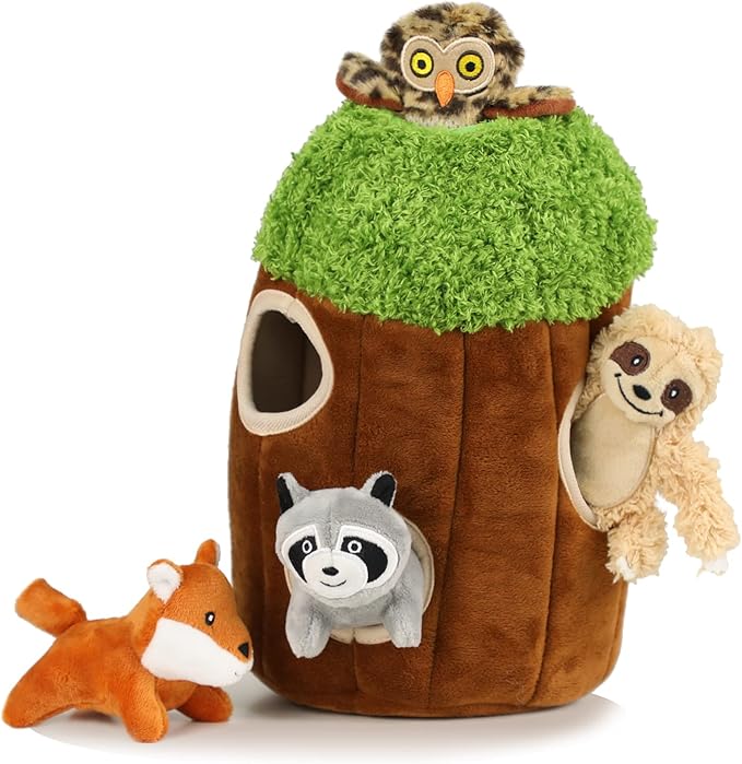 Hide and Seek Dog Puzzle Puppy Toys, Interactive Squeaky Plush, Stuffed Toys for Dogs, Small Size(Sheep, Panda, Forest Animals) (Tree Hole Mix Medium)