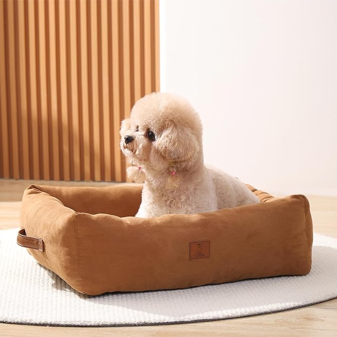25In Dog Bed for Small Medium Sized Dogs - Washable Rectangle Puppy Bed for Indoor Outdoor, Cozy Pet Bed with Support Pillow & Non-Slip Bottom(Brown, Medium)