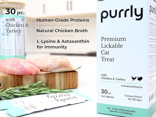 Purrly Interactive Lickable Cat Treats Low Calorie Human-Grade Chicken Breast & Turkey with L-Lysine & Astaxanthin for Immunity (30 Count) Non-Seafood Hydrating BPA-Free for All Ages