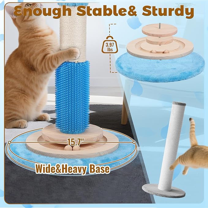 EMUST 45" Tall Cat Scratching Posts for Indoor Cats, Large Bold Ocean- Themed Cat Scratcher Post with Sturdy Solid Wood Base Self Groomer Brush for Kittens Adults Cats Protect Your Furniture