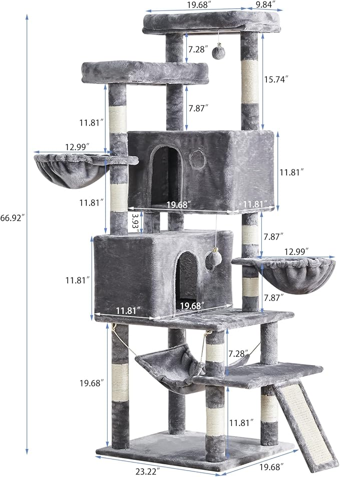 Cat Tree for Indoor Cats Large Adult, 66.9 Inches Multi-Level Tall Cat Tower with Sisal Scratching Posts, Large Plush Perches, Spacious Condos, Baskets, Hammock & Scraping Ladder (Light Gray)