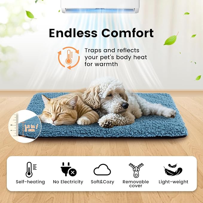 Cat Beds for Indoor Cats Self Heating Kitten Pad for Outdoor Cat House, Self Warming Pet Mat for Small Dog Crate Pad with Removable Washable Cover, Blue 30 Inches