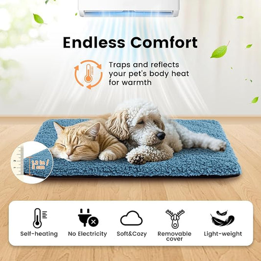 Cat Beds for Indoor Cats Self Heating Kitten Pad for Outdoor Cat House, Self Warming Pet Mat for Small Dog Crate Pad with Removable Washable Cover, Blue 30 Inches