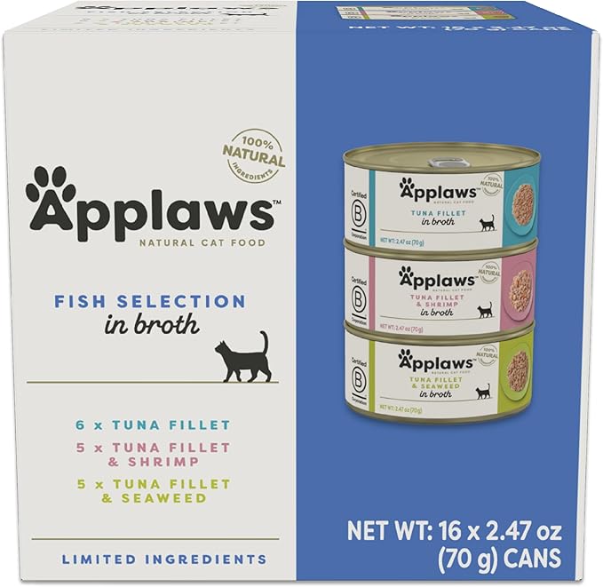 Applaws Natural Wet Canned Cat Food, Made with Limited and Natural Ingredients, Real Protein with No Artificial Additives, Fish Selection Variety Pack in Broth (16 x 2.47oz Cans)