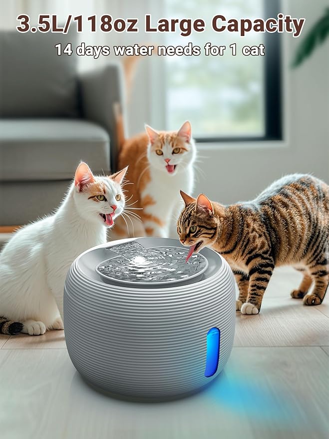 Kastty 3.5L/118 oz Quiet Cat Water Fountain, Large Capacity Pet Water Fountain for Cats Indoor Water Level LED Light Multi-Filtration, Automatic Cat Fountains for Drinking Easy Cleaning FS77(Grey)