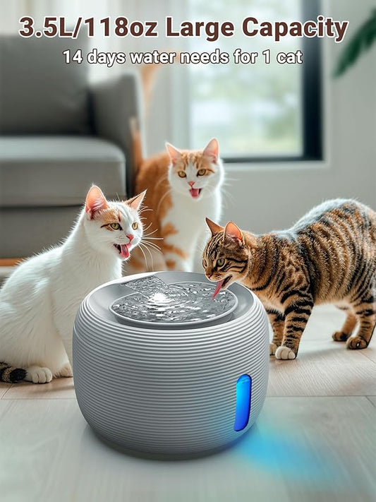 Kastty 3.5L/118 oz Quiet Cat Water Fountain, Large Capacity Pet Water Fountain for Cats Indoor Water Level LED Light Multi-Filtration, Automatic Cat Fountains for Drinking Easy Cleaning FS77(Grey)