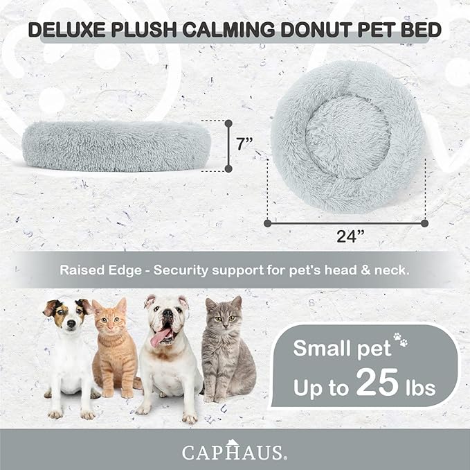CAPHAUS 24/30 Inch Calming Donut Pet Bed for Small/Medium Cats and Dogs, Anti-Slip Bottom, Washable, Anti-Anxiety Fluffy Round Cat Bed, Indoor Shaggy Cuddler Cotton Candy Brown, Light Gray, Pink Bed