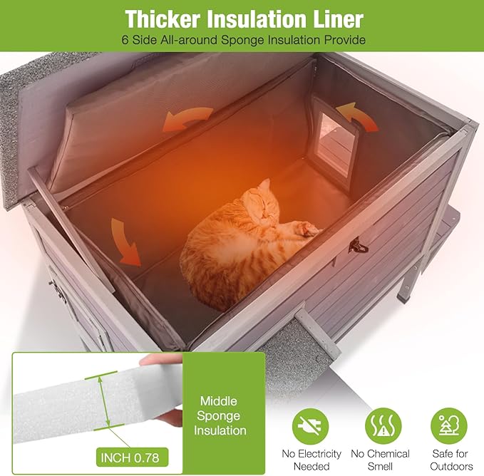 GUTINNEEN Outdoor Cat House Insulated, Weatherproof Feral Cat Shelter with Insulation Liner for Winter, Wooden Elevated Cat Condo for 1-3 Cats, 33.5" L x 21.7" W x 27.2" H (Grey)