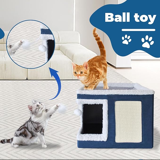 Cat Bed for Indoor Cats Cube House,Large Covered Cat Beds Cave & Furniture with Fluffy Ball and Scratch Pad Foldable Hideaway Nest & Condo with Washable Mat for Kitten Kitty Small Pet(Navy Blue)