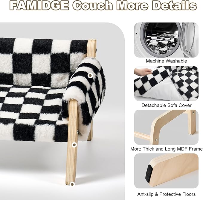 Elevated Cat Couch Bed for Indoor Cats - Wooden Pet Sofa with Removable Washable Thick Cover Raised Kitty Lounge Chair Suitable for Puppy or Small Animals(Cat Sofa Chessboard)