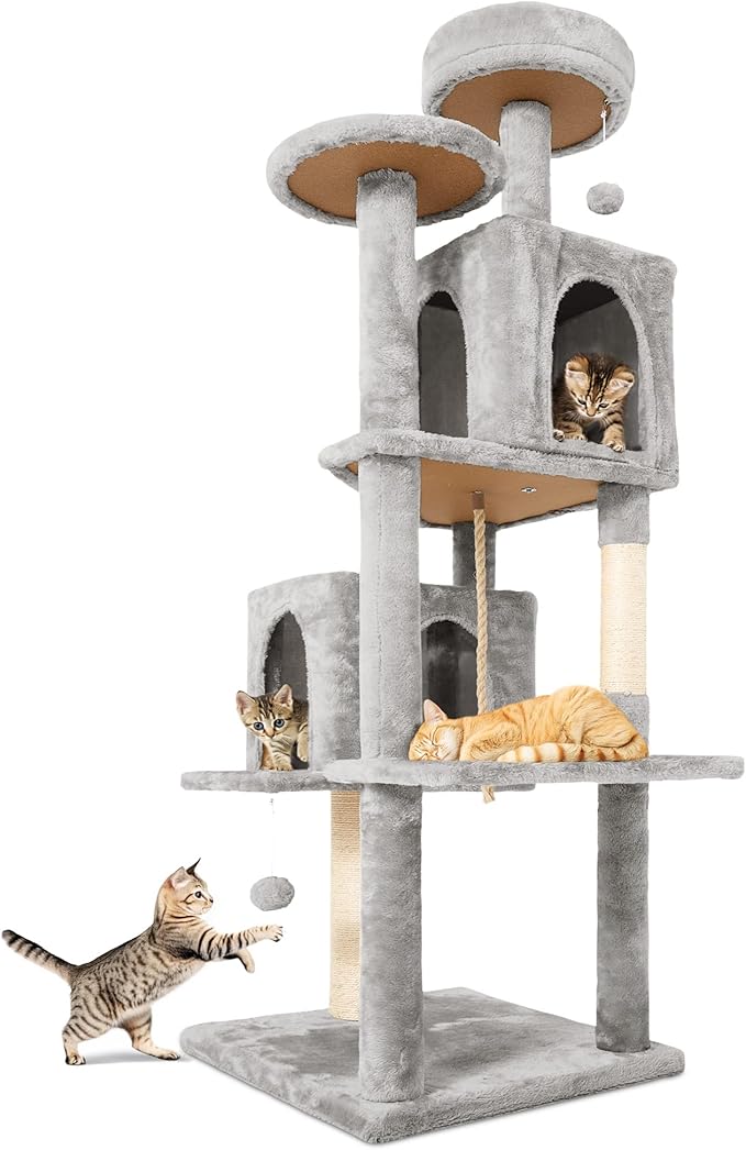 58.5inch Large Cat Tree Tower Condo for Indoor Cats, Soft Plush Multi-Level Climbing Tree Cat House with 1 360° Rotating Cat Cave, Scratching Post, More Entrance/Exit, Sisal Rope, Light Grey
