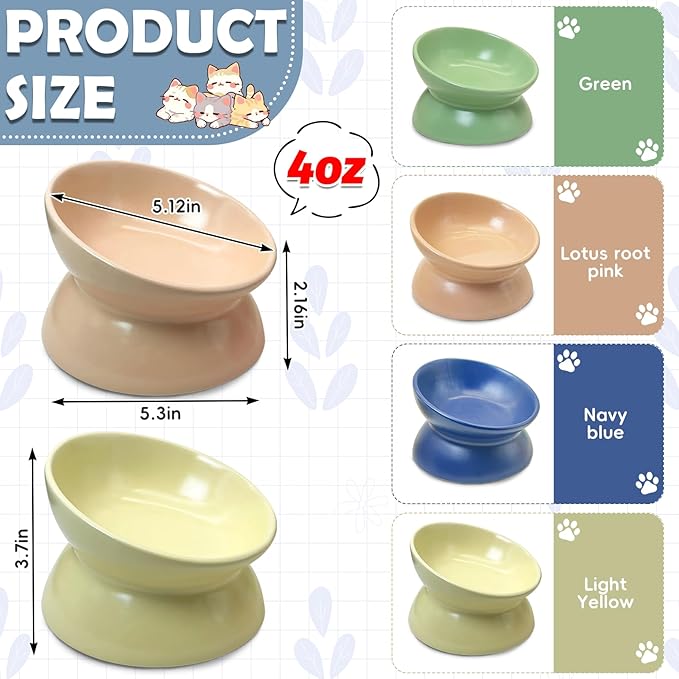 kathson 4 Pcs Ceramic Raised Cat Bowls, Elevated Tilted Cat Food Bowl, Anti Vomiting Pet Food Bowl, Colorful Porcelain Pet Feeder Dish for Cats and Small Dogs, Stress Free(Blue,Green,Yellow,Pink)