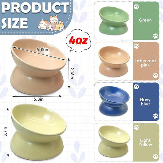 kathson 4 Pcs Ceramic Raised Cat Bowls, Elevated Tilted Cat Food Bowl, Anti Vomiting Pet Food Bowl, Colorful Porcelain Pet Feeder Dish for Cats and Small Dogs, Stress Free(Blue,Green,Yellow,Pink)