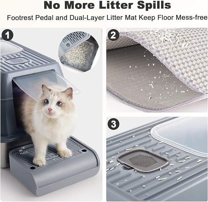Stainless Steel Extra Large Covered Litter Box with High Sides Enclosed Lid for Big Tall Multiple Indoor Cat,Deep Metal,Jumbo Hooded,Low Entry Design for Dog Proof,Odor Control,Easy Clean,No Mess