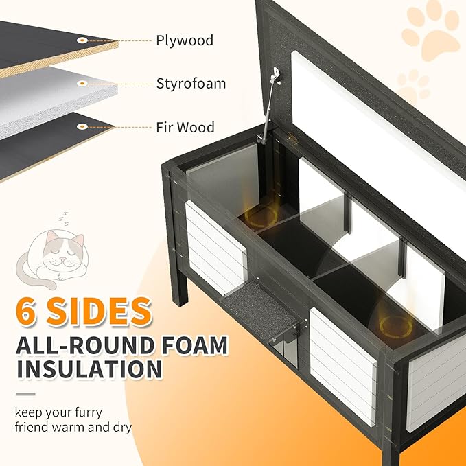 Outdoor Cat House for Multiple Feral Cat, Insulated All-Round Foam, Weatherproof, Wood Large Size 47.24" L*21.65" W*26.77" H PG01DHZ
