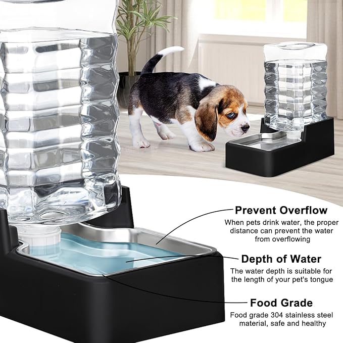 RIZZARI Stainless Steel Pet Water Feeder: 7L Automatic Leak-Proof Gravity Dispenser for Cats Dogs Indoor Outdoor Use（Black Without Filter,7L）