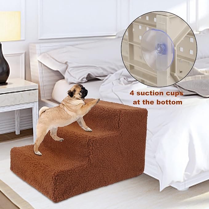 yofit Doggy Steps - Non-Slip 3 Steps Pet Stairs for Cats and Dogs, Foldable Plastic with Washable Carpet Holds Up to 50 lbs (Brown)