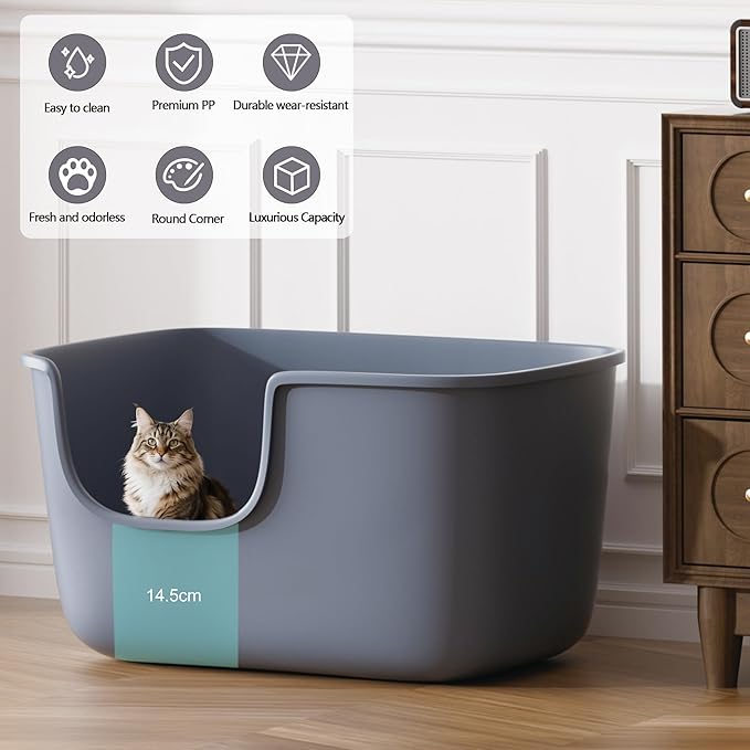 Vealind Large High Sided Cat Litter Box for Indoor Cats 22.2"×14.9"×12" Tall Litter Boxes with High Back Deep Wall XL Kitty Litter Boxes (Grey)