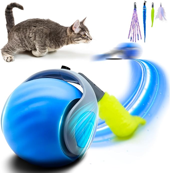Interactive Cat Toy for Indoor Cats, Speedy Ball with Tail, Automatic Moving Cat Balls for Bored Indoor Adult Cats, 360°Automatic Rolling Ball Toy, Two Speed Adjustment（Blue）