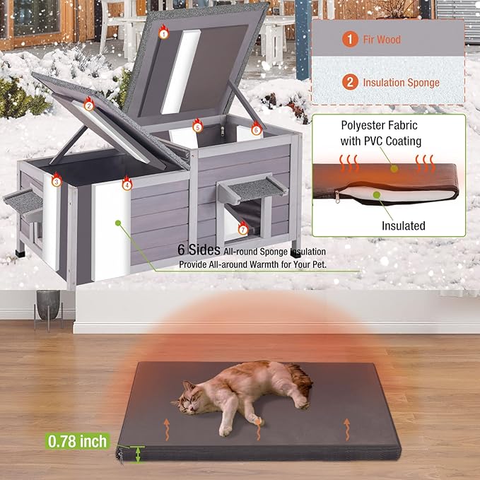 Outdoor Cat House Insulated Feral Kitty Shelter with Liner Weatherproof Cat Condo for Winter,Large Space