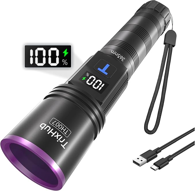 365nm Black Light Flashlight, UV Flashlight Rechargeable with LCD Display, Powerful Ultraviolet Lights for Pet Urine Detection, Resin Curing, Minerals, Blood tracking, Scorpion, Uranium Glass, A/CLeak