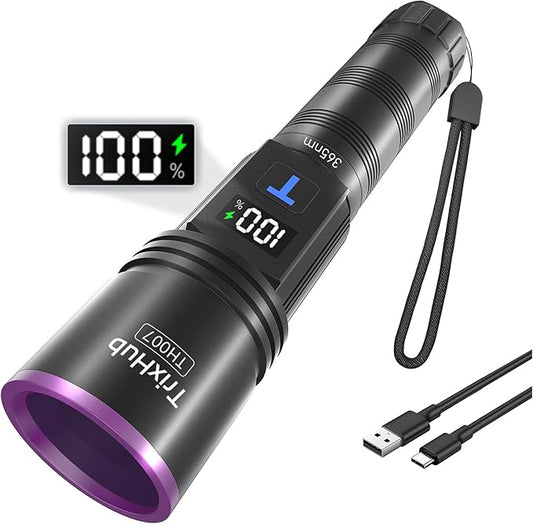 365nm Black Light Flashlight, UV Flashlight Rechargeable with LCD Display, Powerful Ultraviolet Lights for Pet Urine Detection, Resin Curing, Minerals, Blood tracking, Scorpion, Uranium Glass, A/CLeak