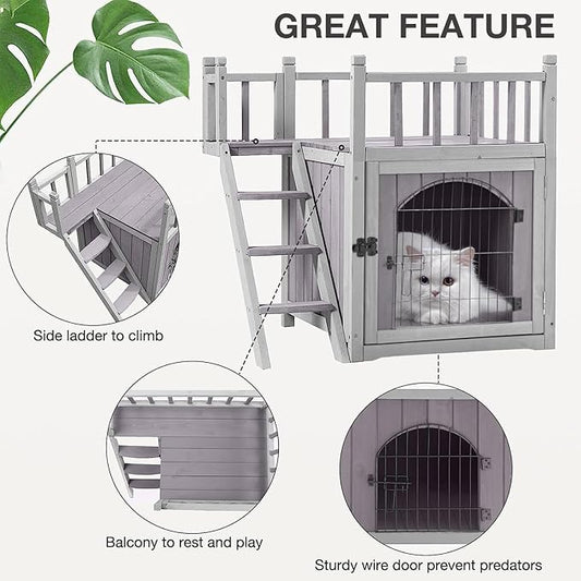 Cat House Outdoor or Indoor, Wooden Feral Cat Shelter with Large Balcony and Stairs, Kitty House with Lockable Wire Door