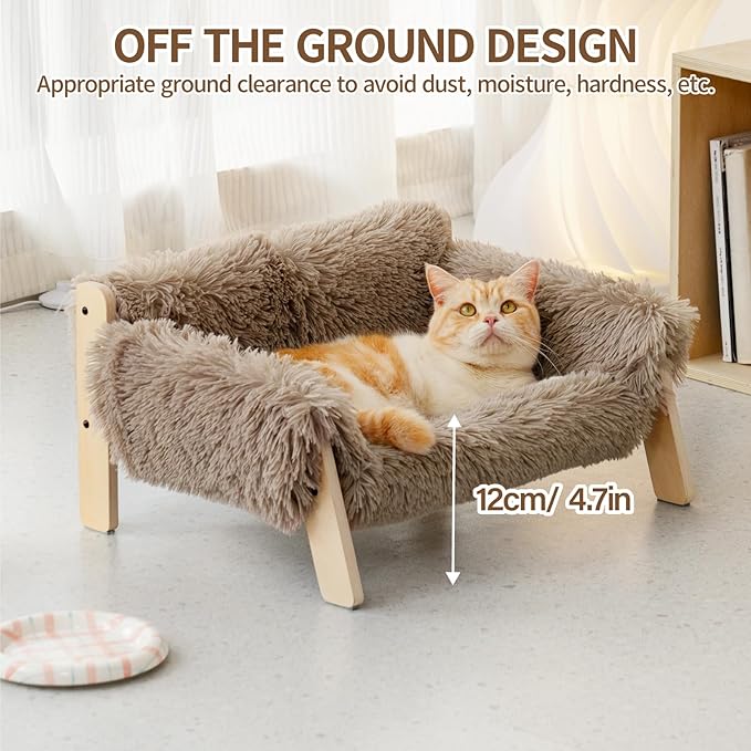 MEWOOFUN Cat Couch Bed, Pet Sofa for Indoor Cats Wooden Indoor Elevated Cat Beds with Removable Mattress Cover Suitable for Kitty, Puppy or Small Animal (Brown, Medium)