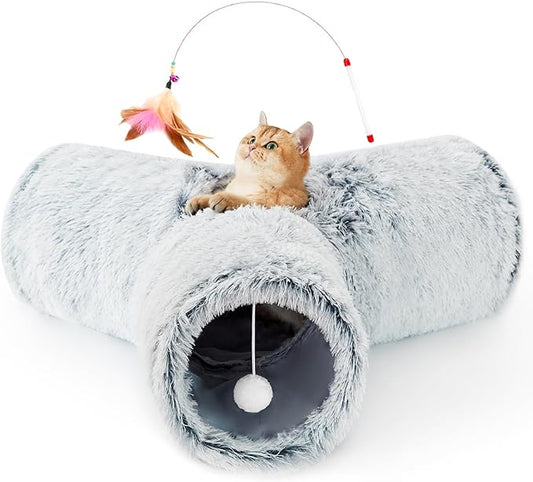 Tempcore Plush Pet Cat Tunnel Tube Cat Toys 3 Way Collapsible, Tunnels for Indoor Cats，Kitty Tunnel Bored Pet Toys Peek Hole Toy Ball Puppy, Kitty, Kitten, Rabbit Light Grey