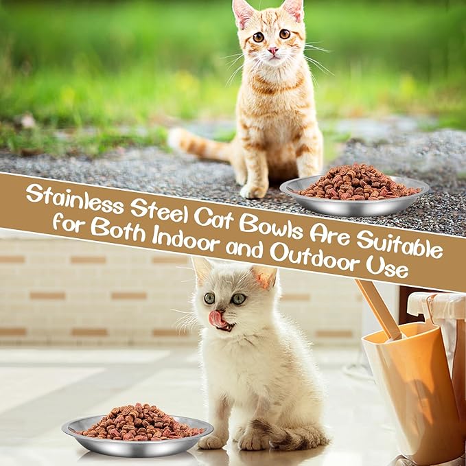 kathson Shallow Stainless Steel Cat Bowls 24 Pcs Whisker Fatigue Cat Dishes Flat Dog Feeding Saucers Pet Food and Water Plate Set for Kitten Puppy and Other Small Animals (6.3 Inch Dia.)