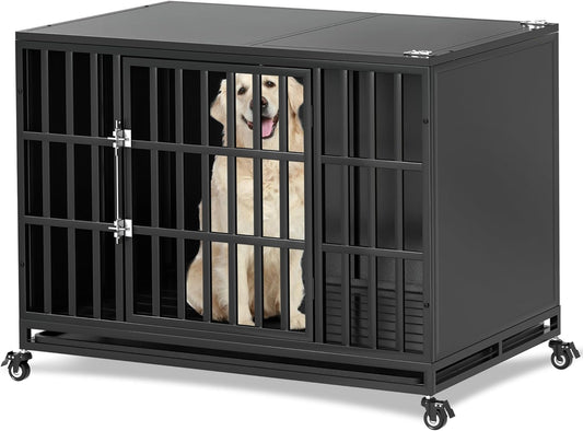 42 inch Heavy Duty Dog Crate with Self-Locking Latch, Indestructible Steel Large Kennel with Enclosed Design, Chew-Proof and Escape-Proof Pet Cage for High Anxiety Dogs