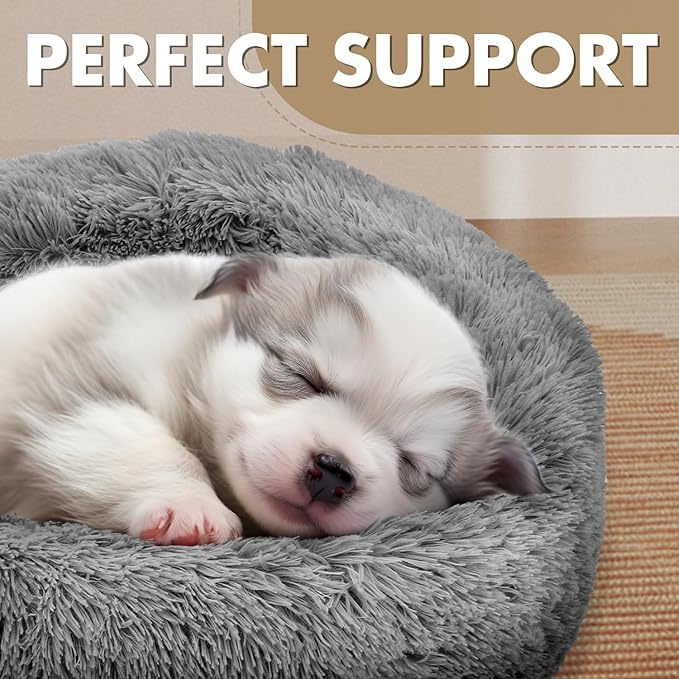 Athena Collection Washable Small Dog Bed, Cat Bed for Indoor Cats, 24 Inches Fluffy Faux Fur Round Pet Bed Calming Cozy Soft Warming Donut for Small Dog Puppy Kitten, Grey