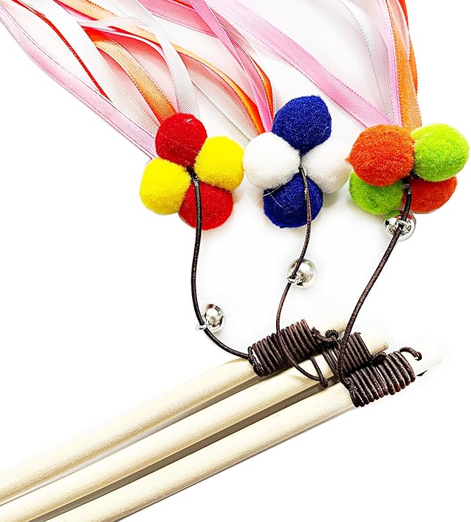 IUHKBH Cat Wand, 3 PCS Interactive Kitten Toys Wooden Handle Kitten Teaser Toys with Bell, Ribbon and Pom Poms Sturdy Cat Sticks