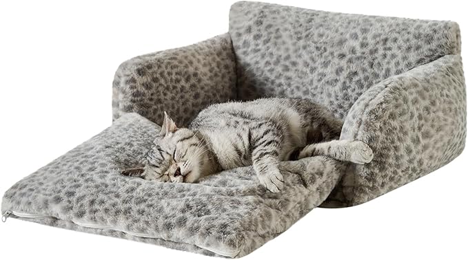 Hollypet Cat Bed Fluffy Plush Mutifuctional Double-Layer Soft Pet Couch Orthopedic Sofa Nest Beds for Small Cats and Dogs, Snow Leopard (21x15x8 inch)