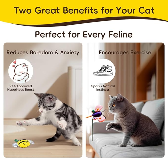 Pet Butterfly & Honey Bee Cat Toy Set – 2-Pack Interactive Plush Toys for Cats | Eco-Friendly REPT Material | Catnip-Infused, Durable, Safe, and Fun