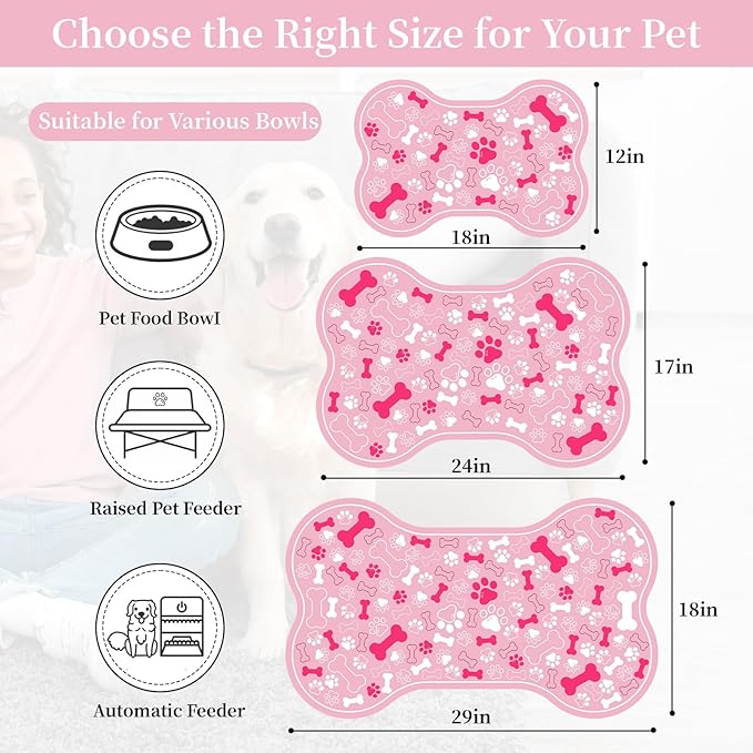 Dog & Cat Food Mat Bone Shaped Pet Feeding Mat Quick Absorb Water Bowl Placemat with Rubber Backing Indoor Floor Stain Resistant Pet Accessory Supplies (Light Pink, 17x29 Inches)